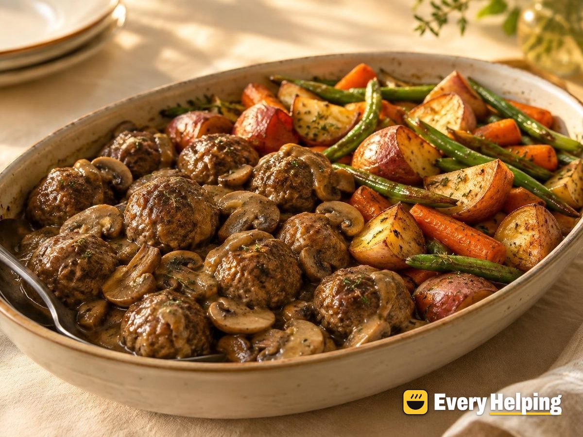 Beef Meatballs in Mushroom Gravy, Roasted Vegetables