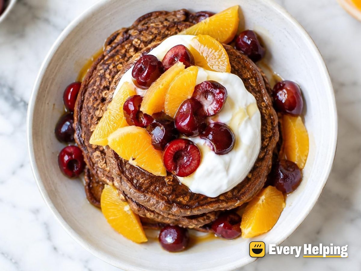 Fluffy Mocha Oat Pancakes with Orange and Cherries