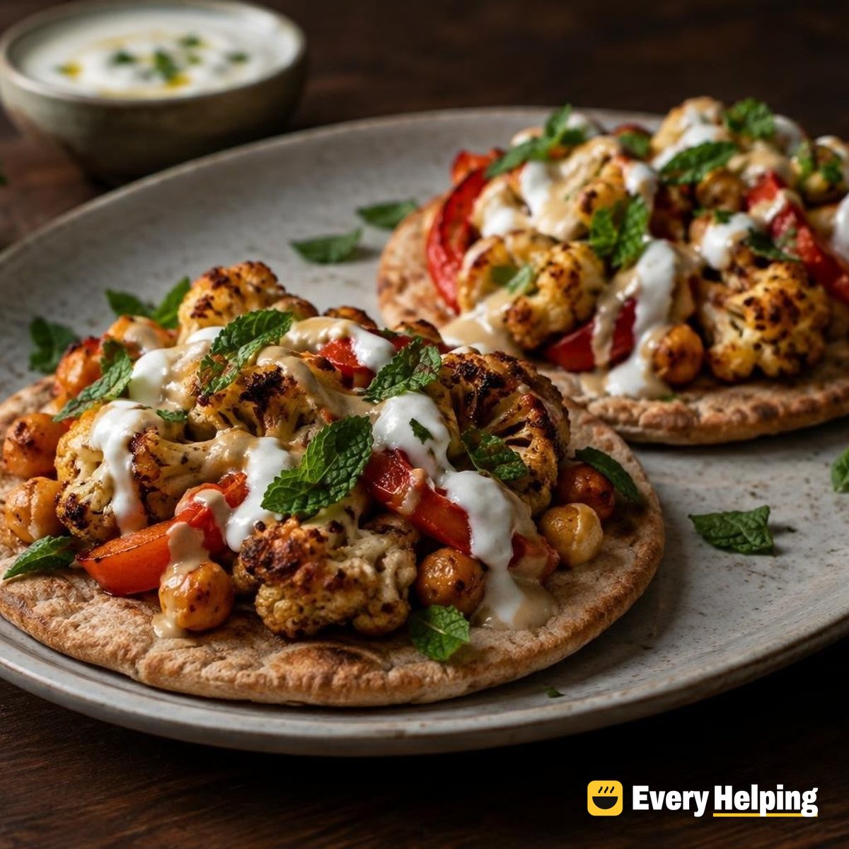 Roasted Cauliflower and Chickpea Pita Toasts
