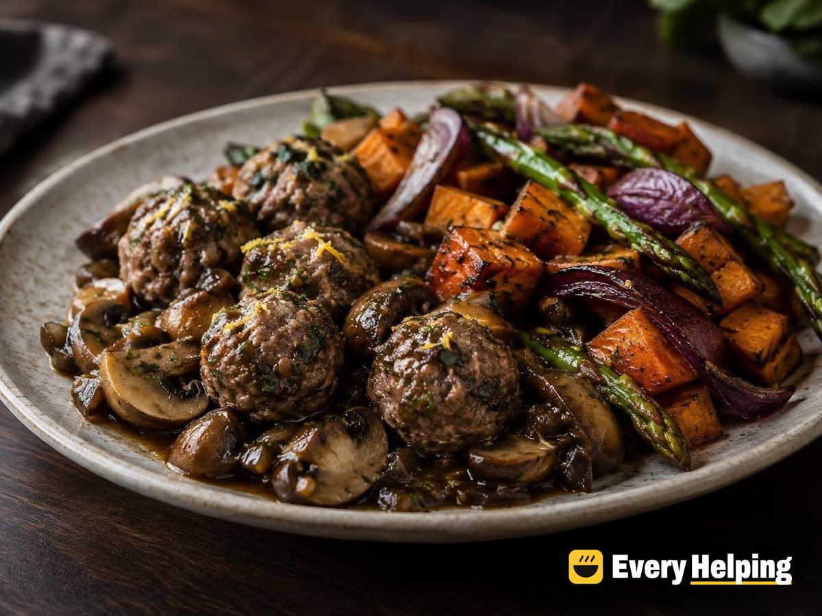 Lemon-Basil Beef Meatballs, Balsamic Mushroom Sauce