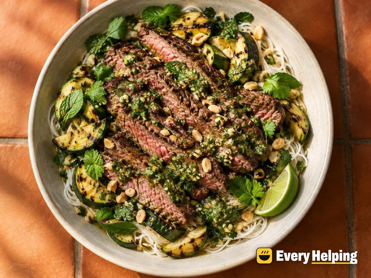 Flank Steak Noodle Bowls with Zucchini Herb Sauce