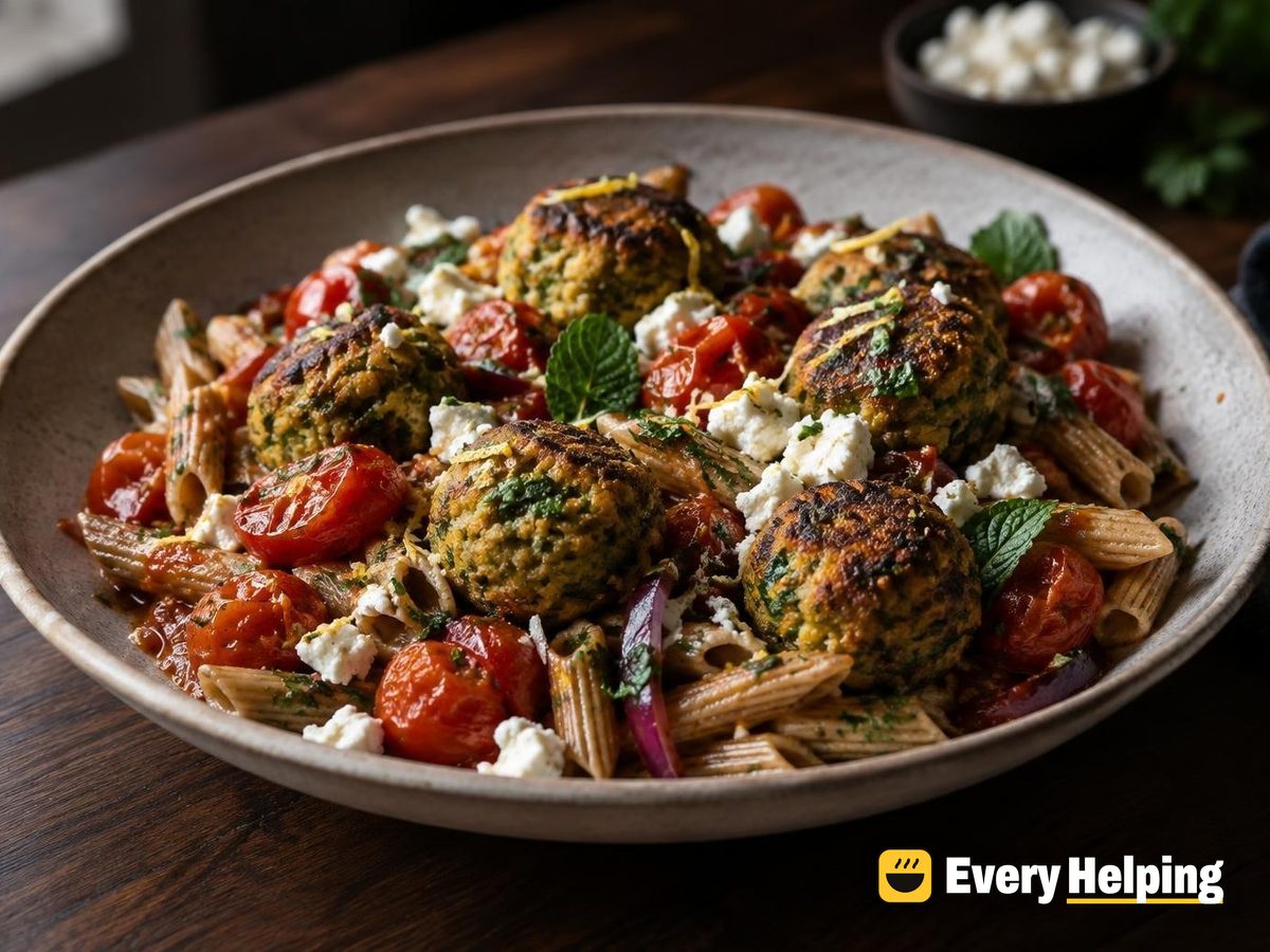 Roasted Cherry Tomato Pasta with Chickpea-Mint Balls
