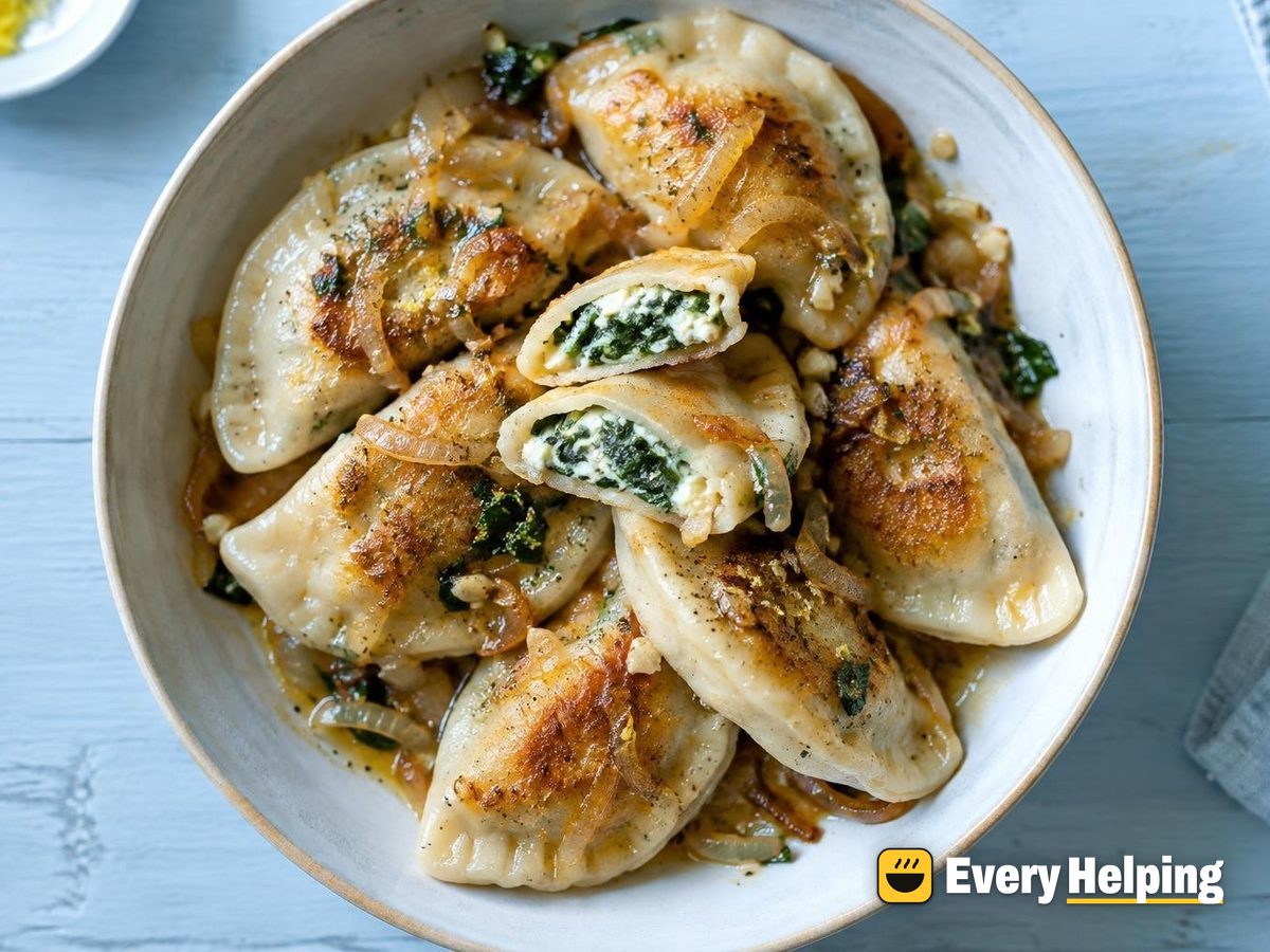 Pan-Crisped Spinach Mozzarella Pierogi, Garlic Onion Butter