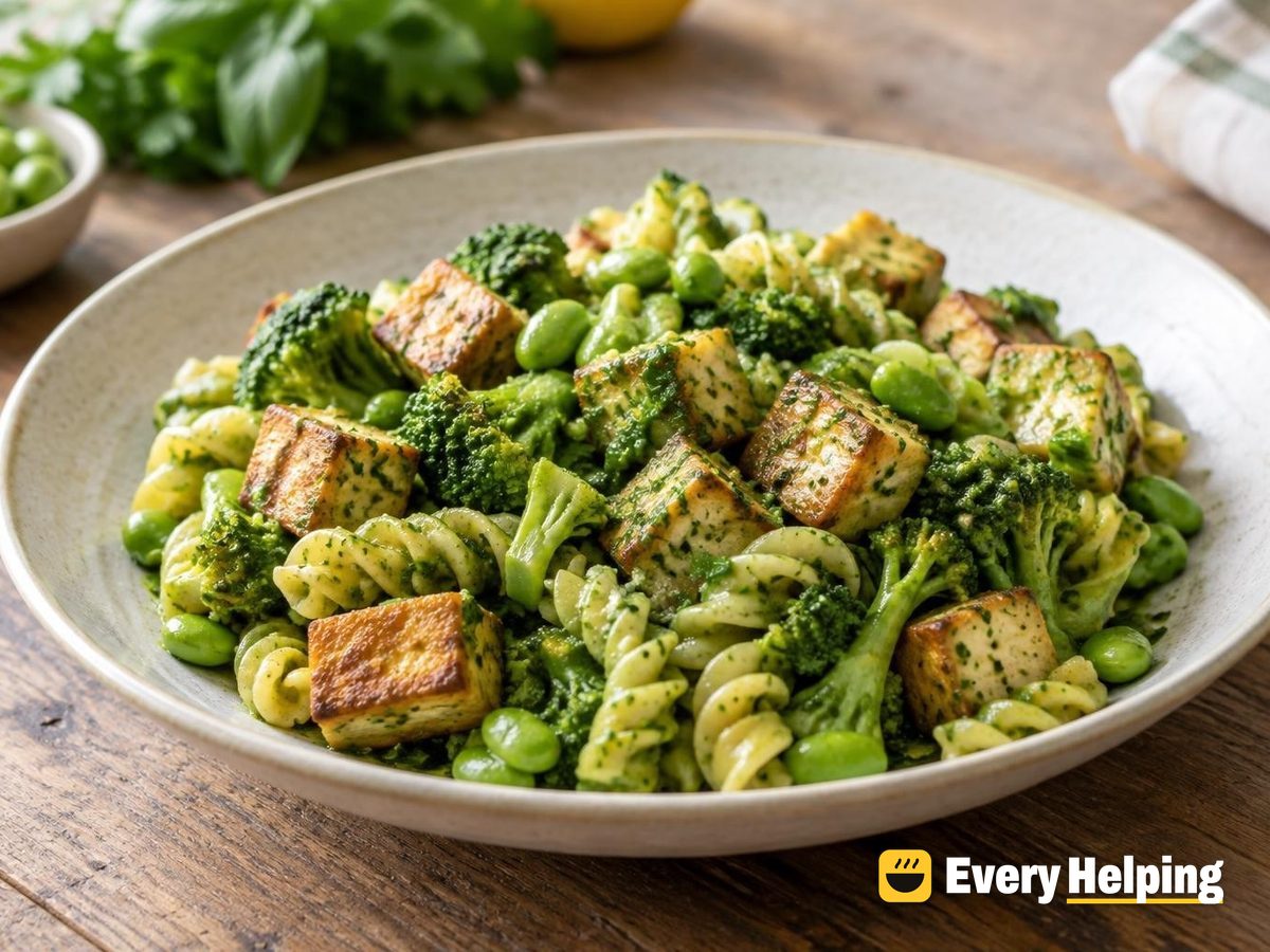 Crispy Tofu Fusilli with Broccoli Herb Sauce