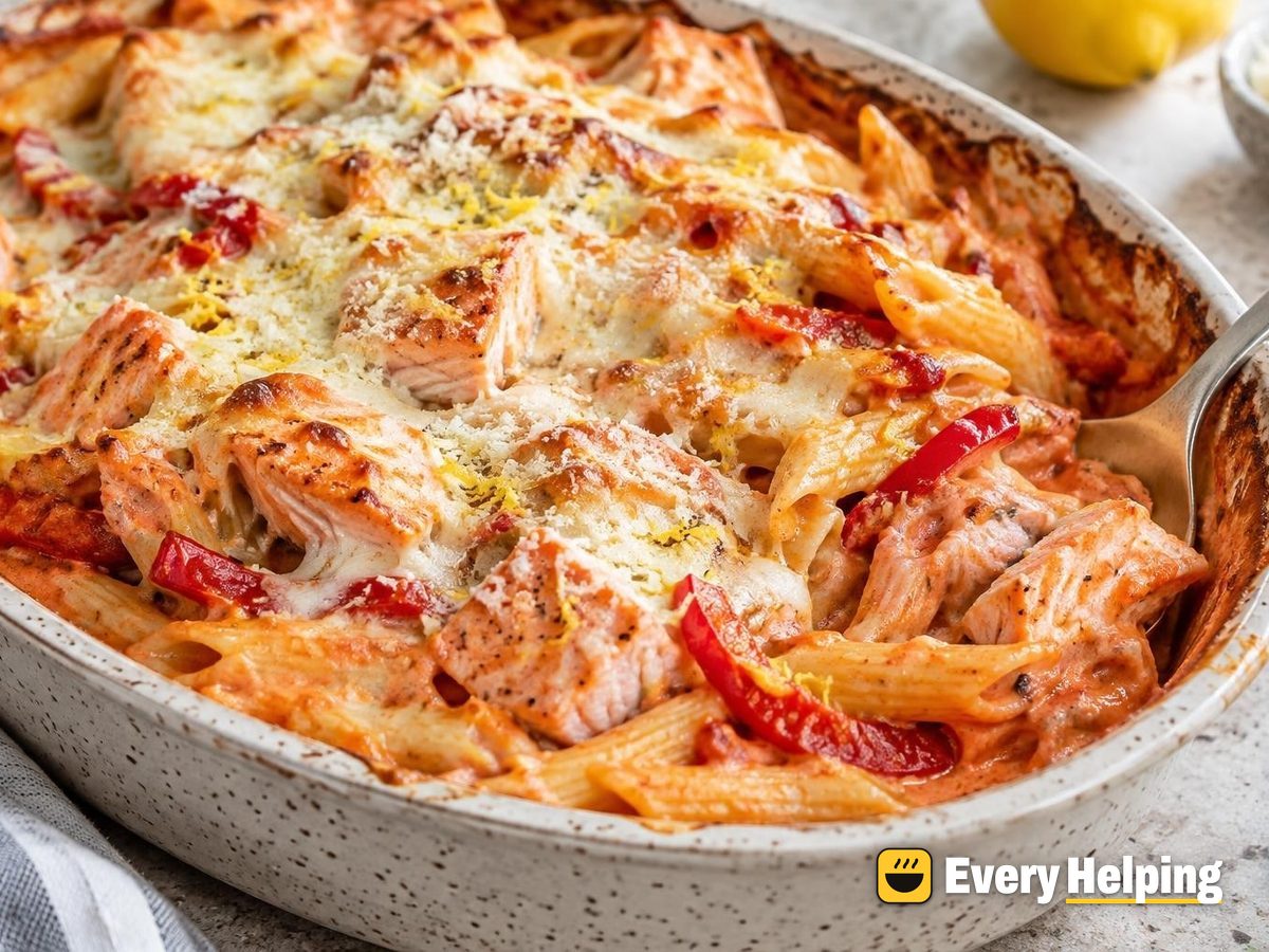 Baked Salmon Penne in Roasted Pepper Cream