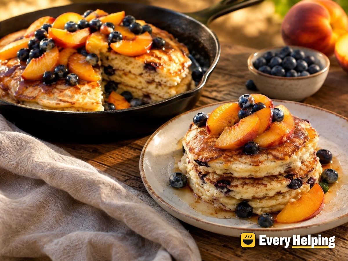 Fluffy Lemon Ricotta Yogurt Pancakes with Peaches