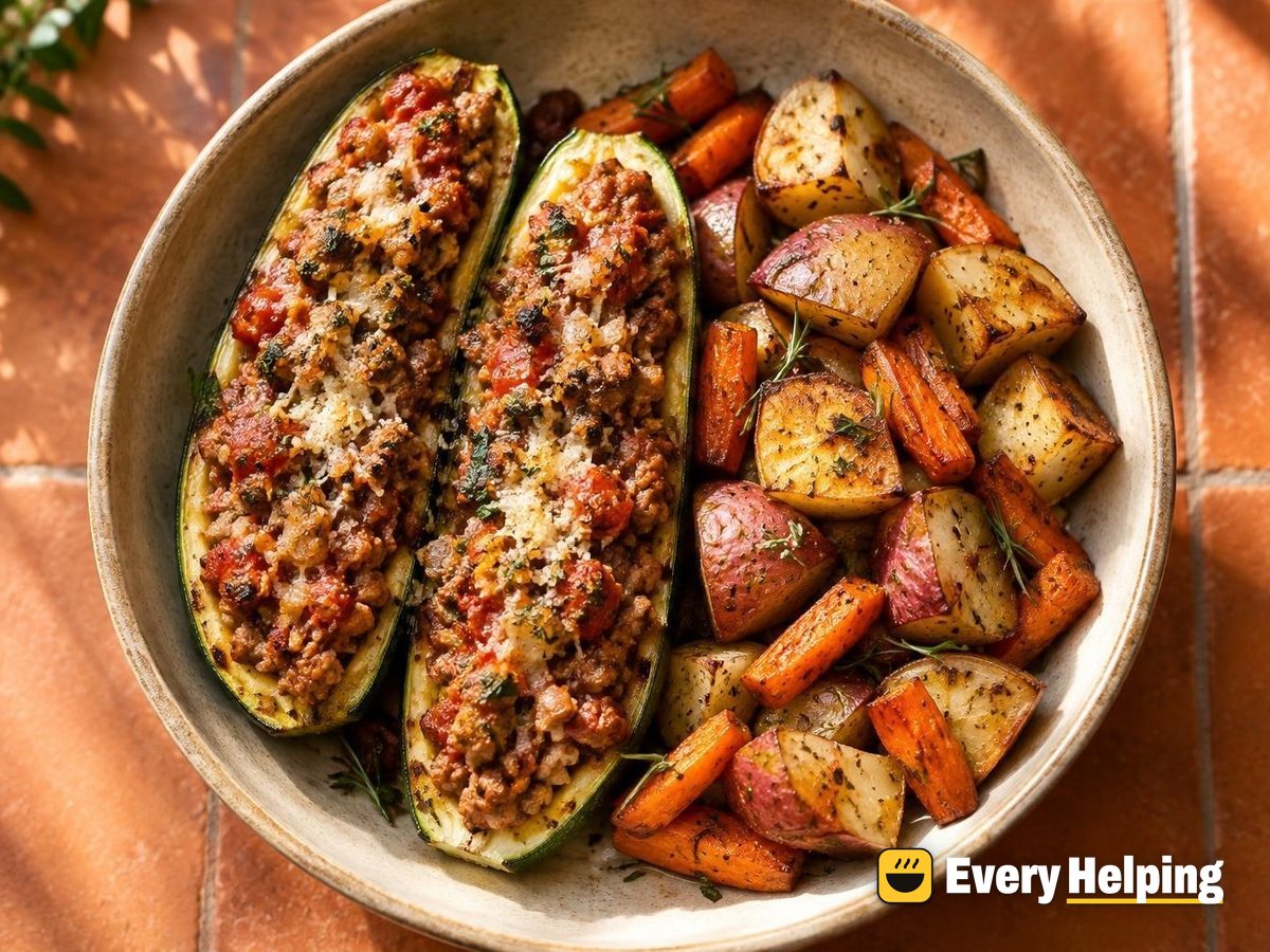 Italian Sausage-Style Stuffed Zucchini Boats with Roasted Roots