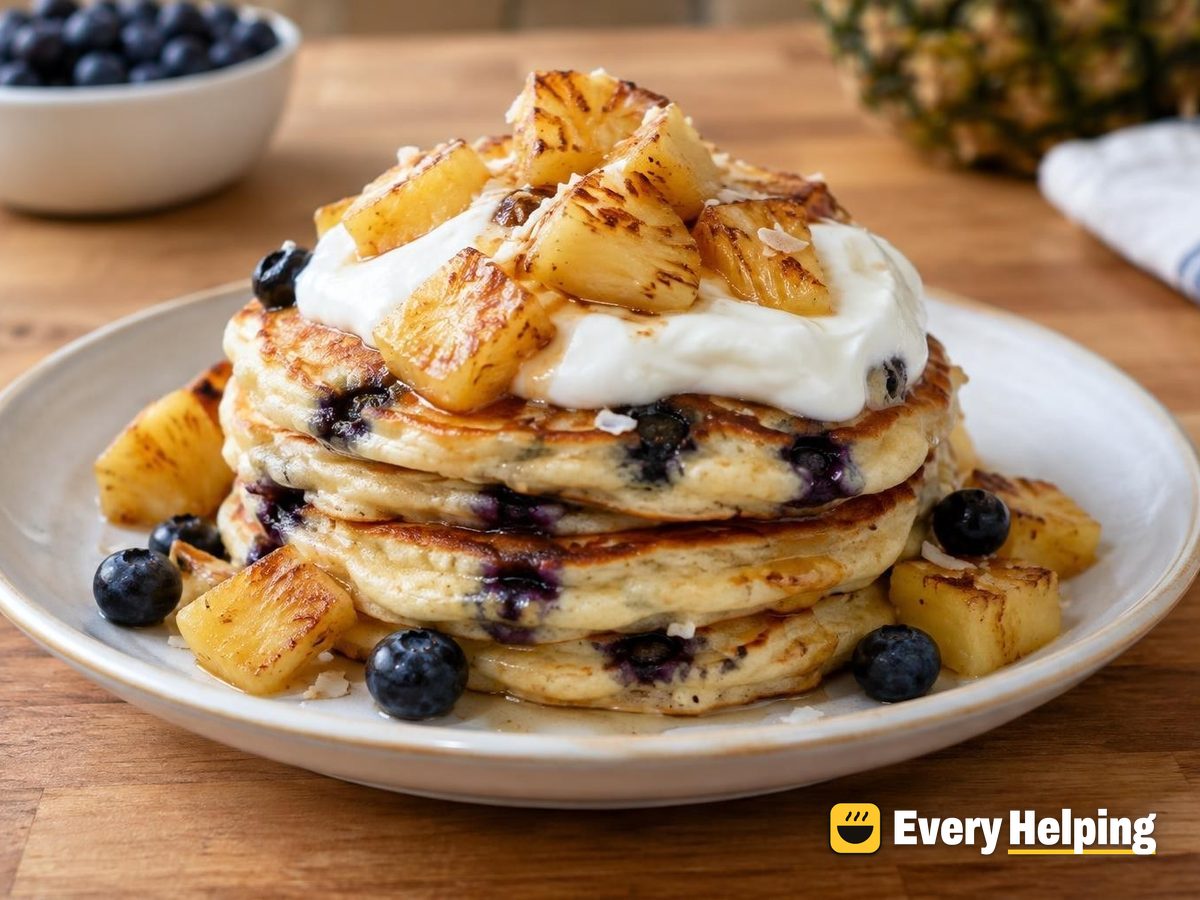 Blueberry Coconut Pancakes with Caramelized Pineapple