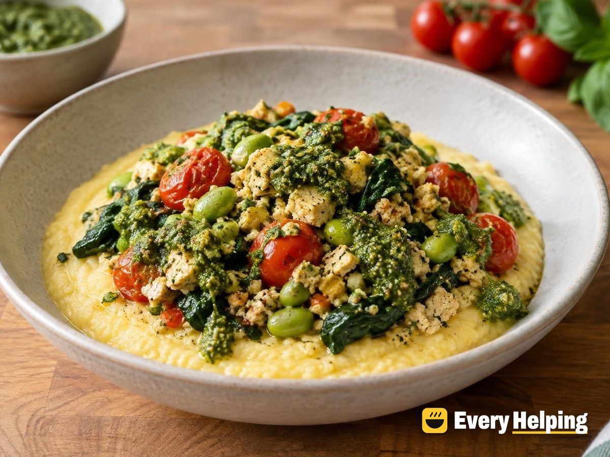 Tofu Ricotta Scramble Polenta Bowls with Pesto