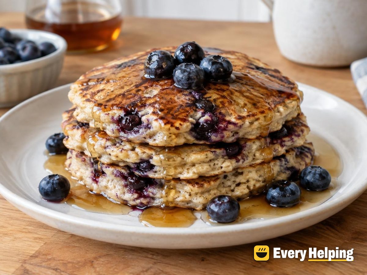 Soaked Oat Blueberry Pancakes with Maple
