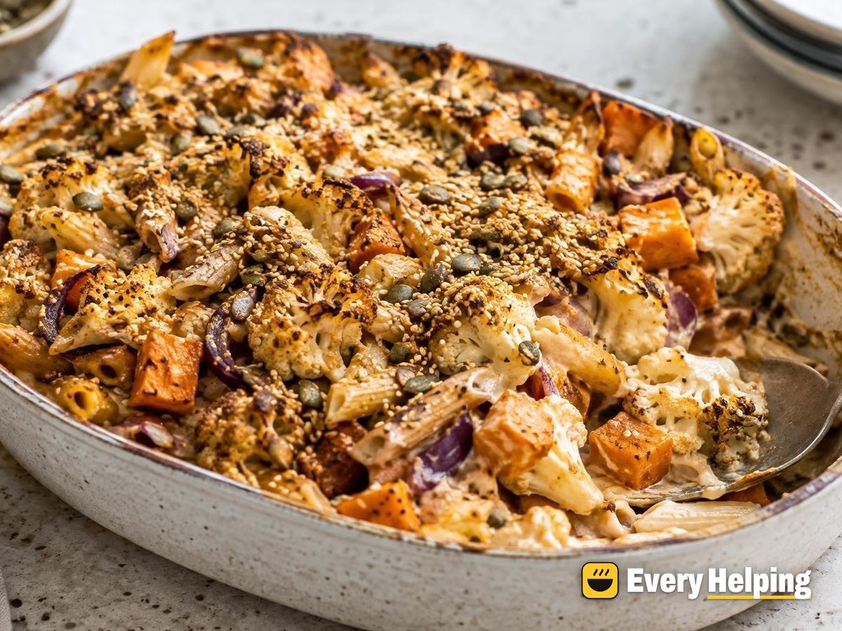 Roasted Cauliflower Pasta Bake with Seed Crust