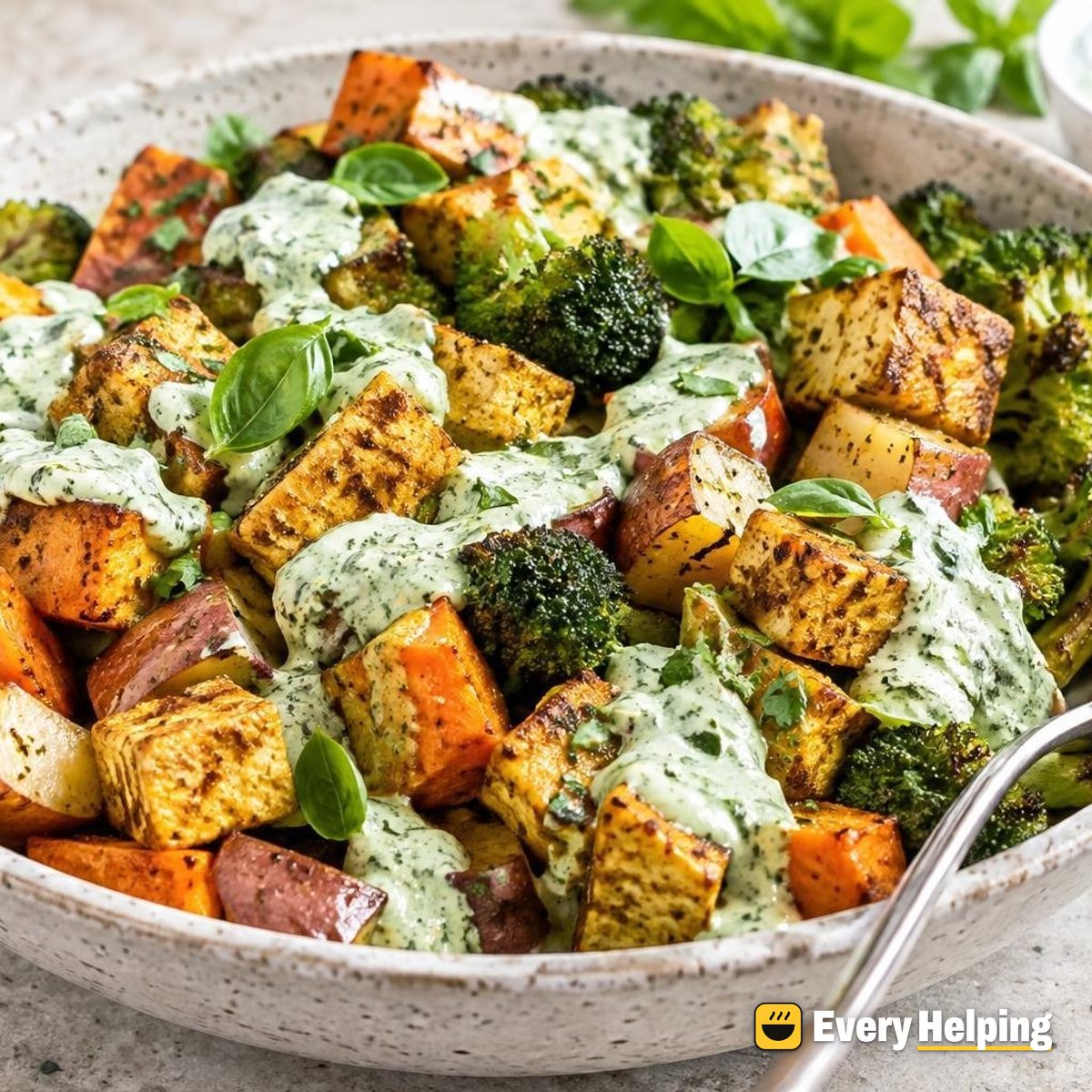 Sweet Potato Tofu Breakfast Bowls with Basil Sauce
