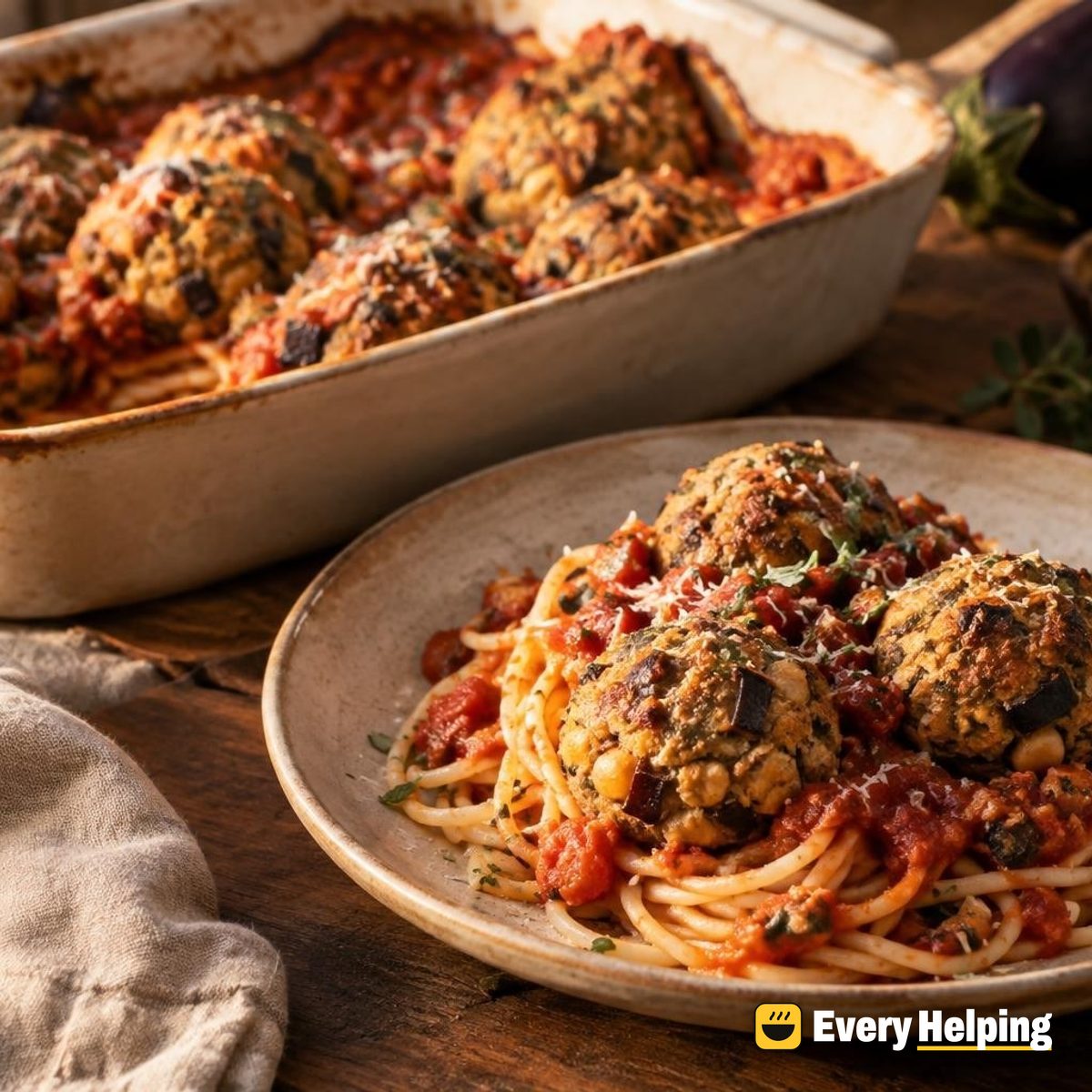 Chickpea Eggplant Balls with Spaghetti Marinara
