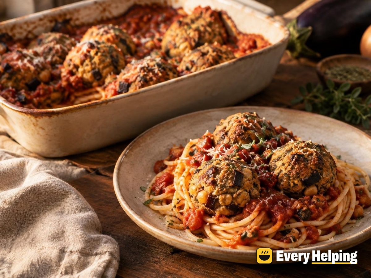 Chickpea Eggplant Balls with Spaghetti Marinara
