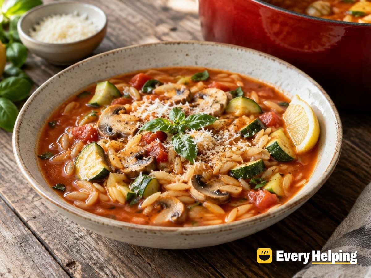 Tomato Mushroom Orzo-Style Noodle Soup with Zucchini
