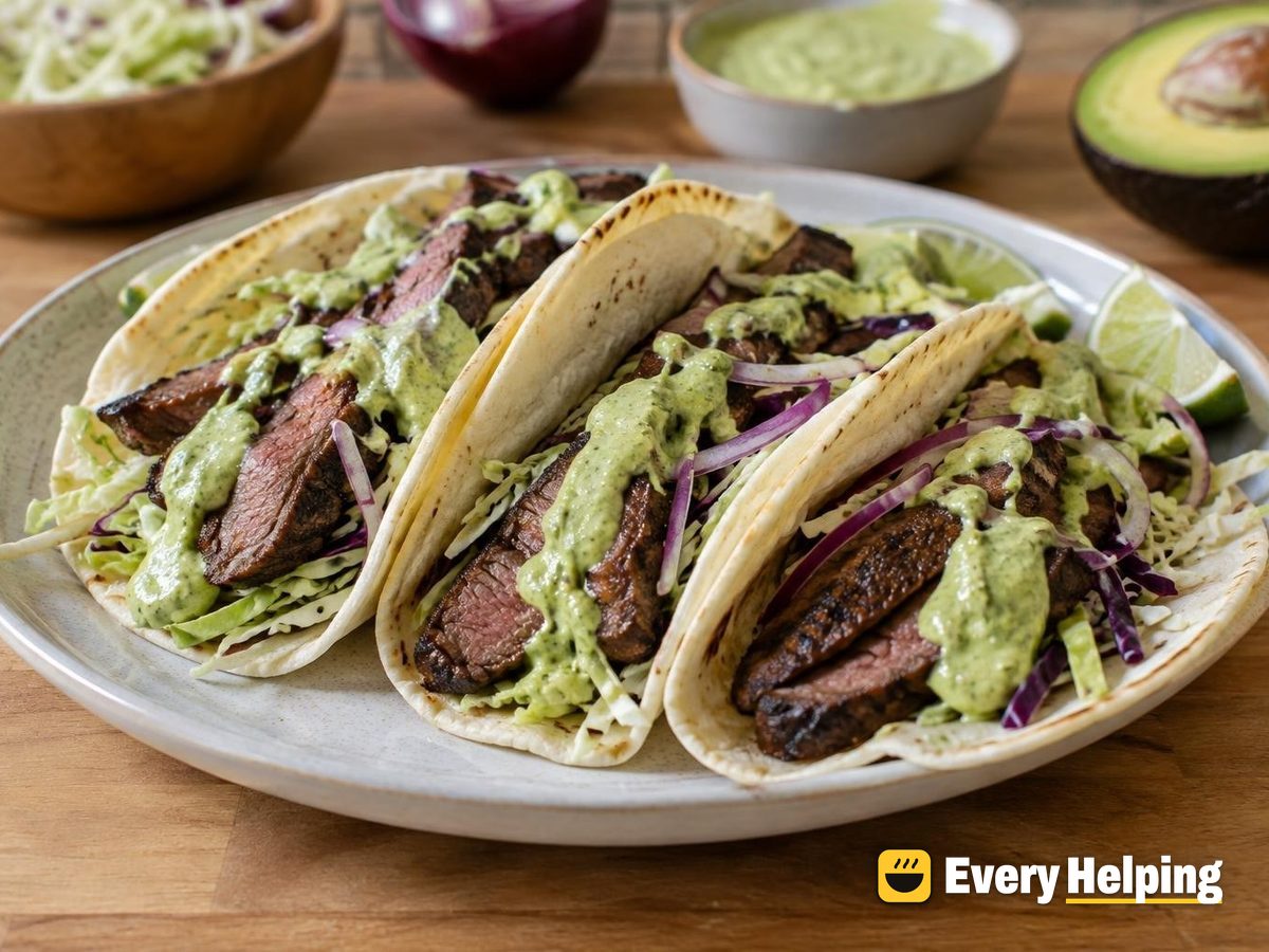 Chili-Lime Flank Steak Tacos with Avocado Sauce