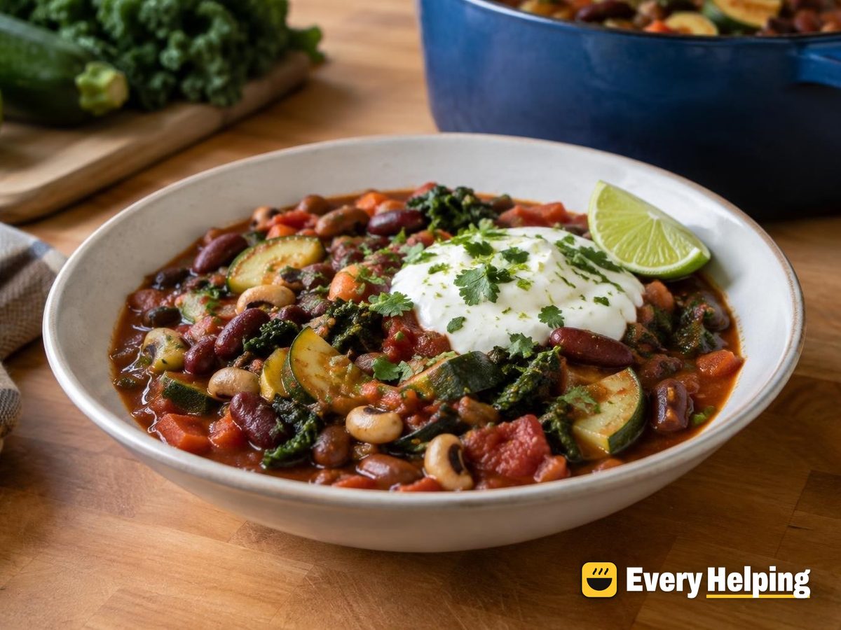 Three-Bean Chili with Zucchini and Kale