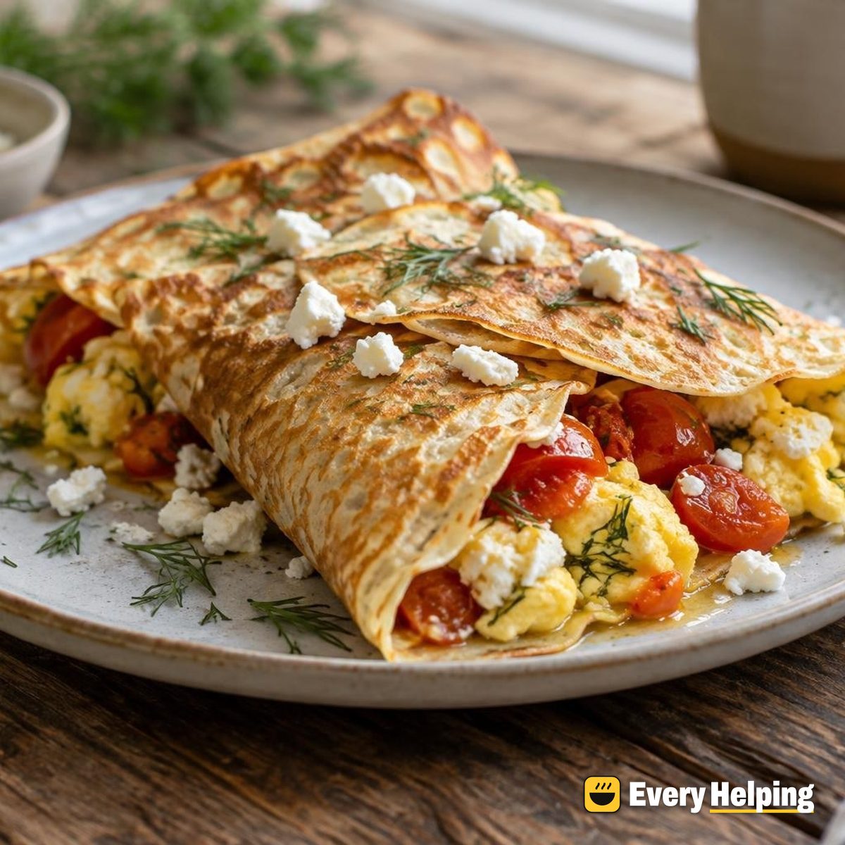 Feta, Tomato and Scrambled Egg Crêpes