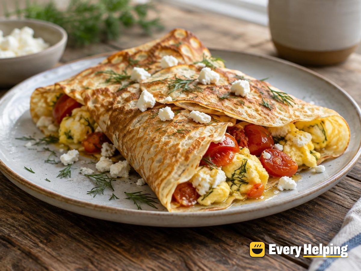 Feta, Tomato and Scrambled Egg Crêpes