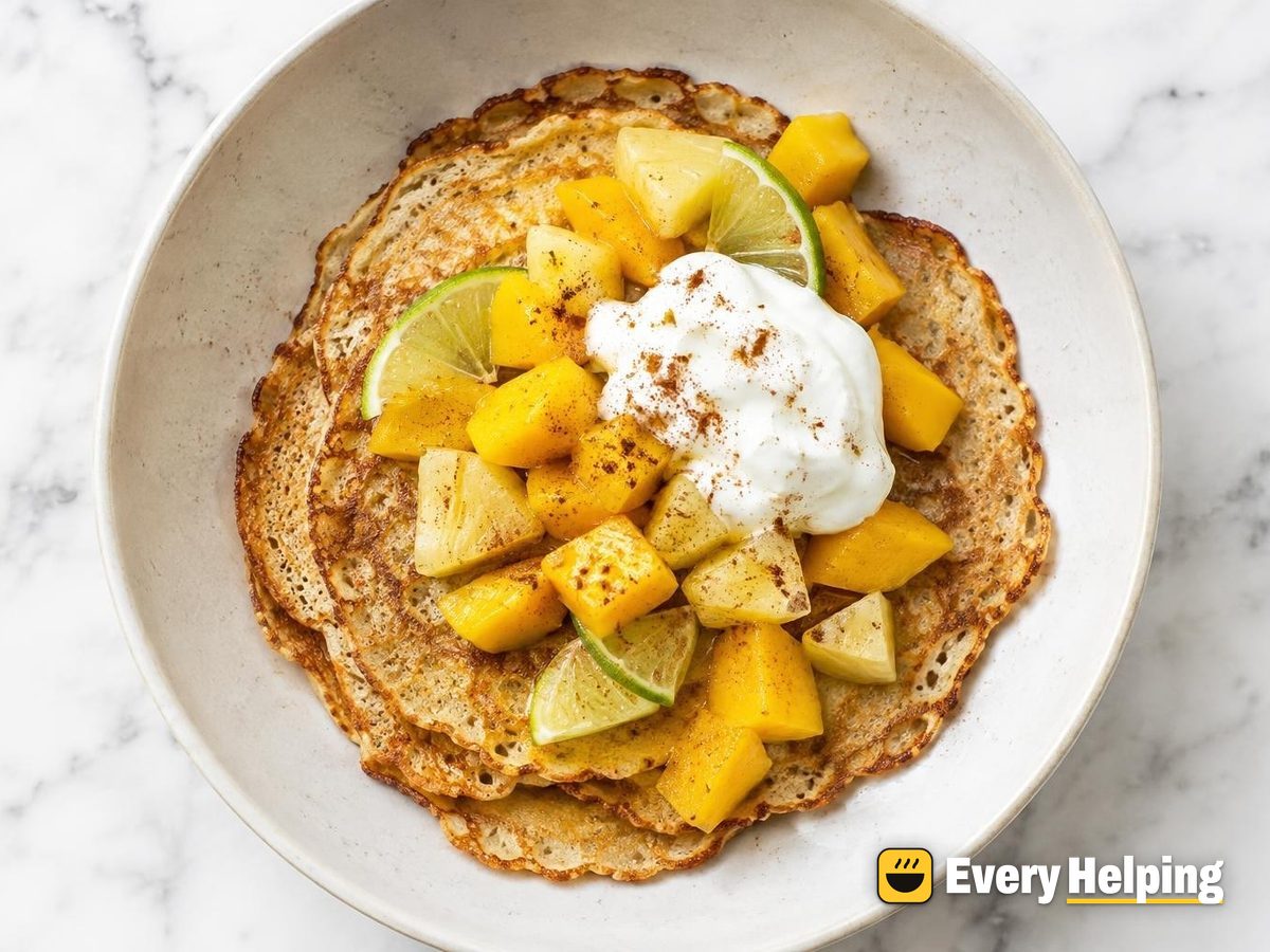 Thin Banana Cinnamon Pancakes with Mango-Lime Fruit
