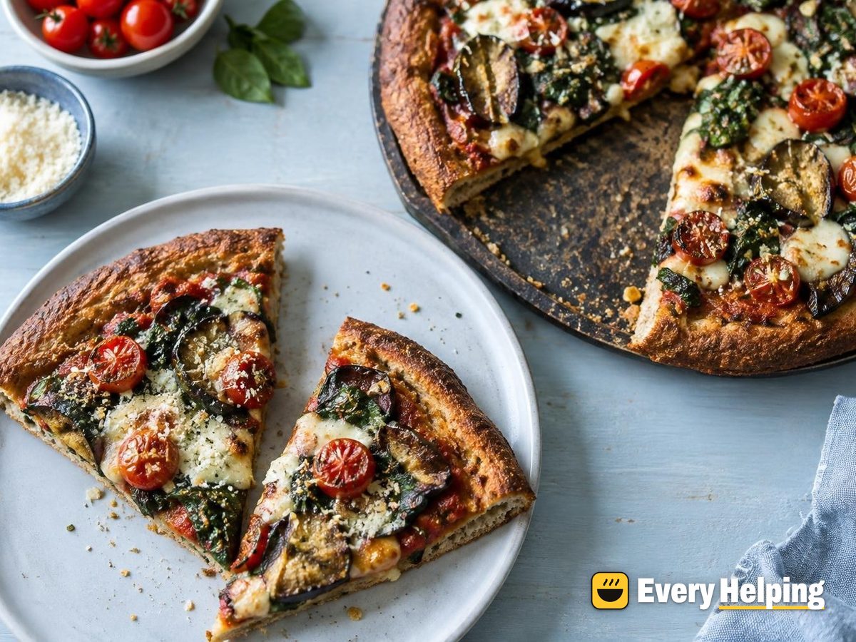 Whole Wheat Roasted Eggplant Garlic Spinach Pan Pizzas