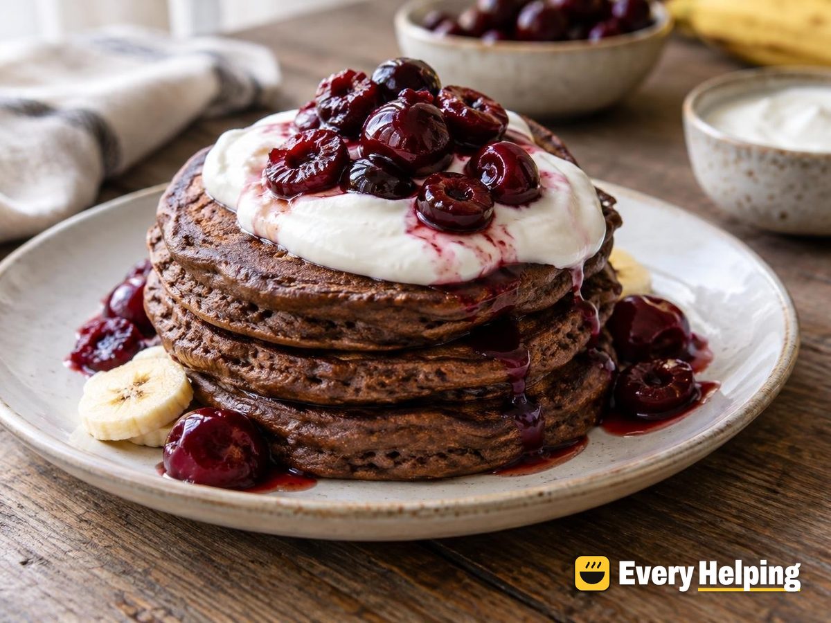 Fluffy Cocoa Banana Pancakes with Cherry Yogurt
