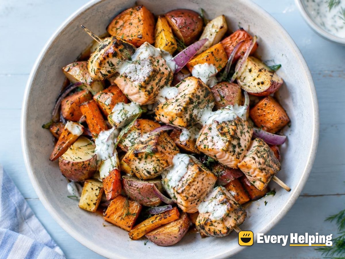 Garlic Herb Salmon Skewers with Roasted Roots