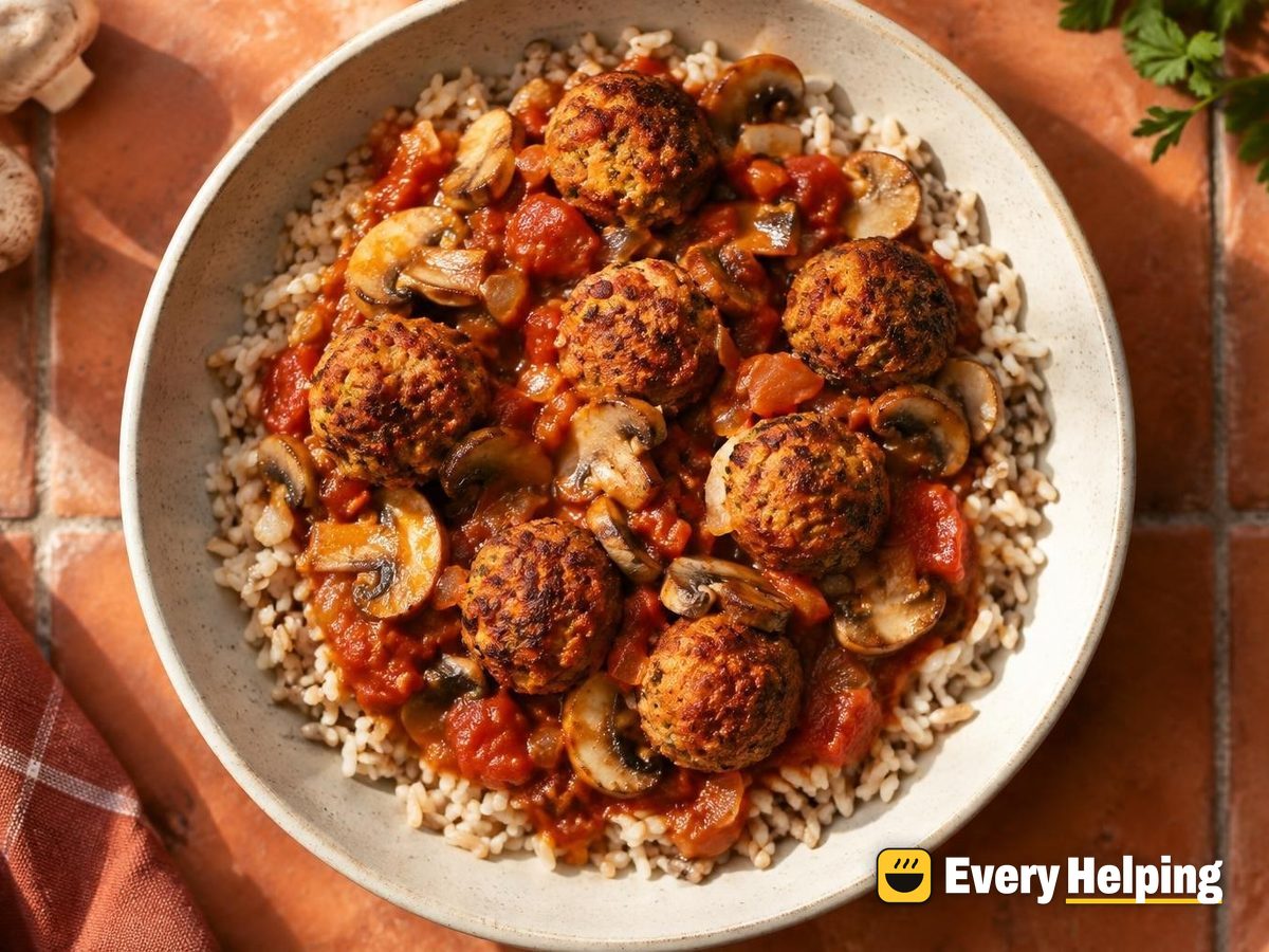 Smoky Chickpea Balls with Paprika Mushroom Sauce