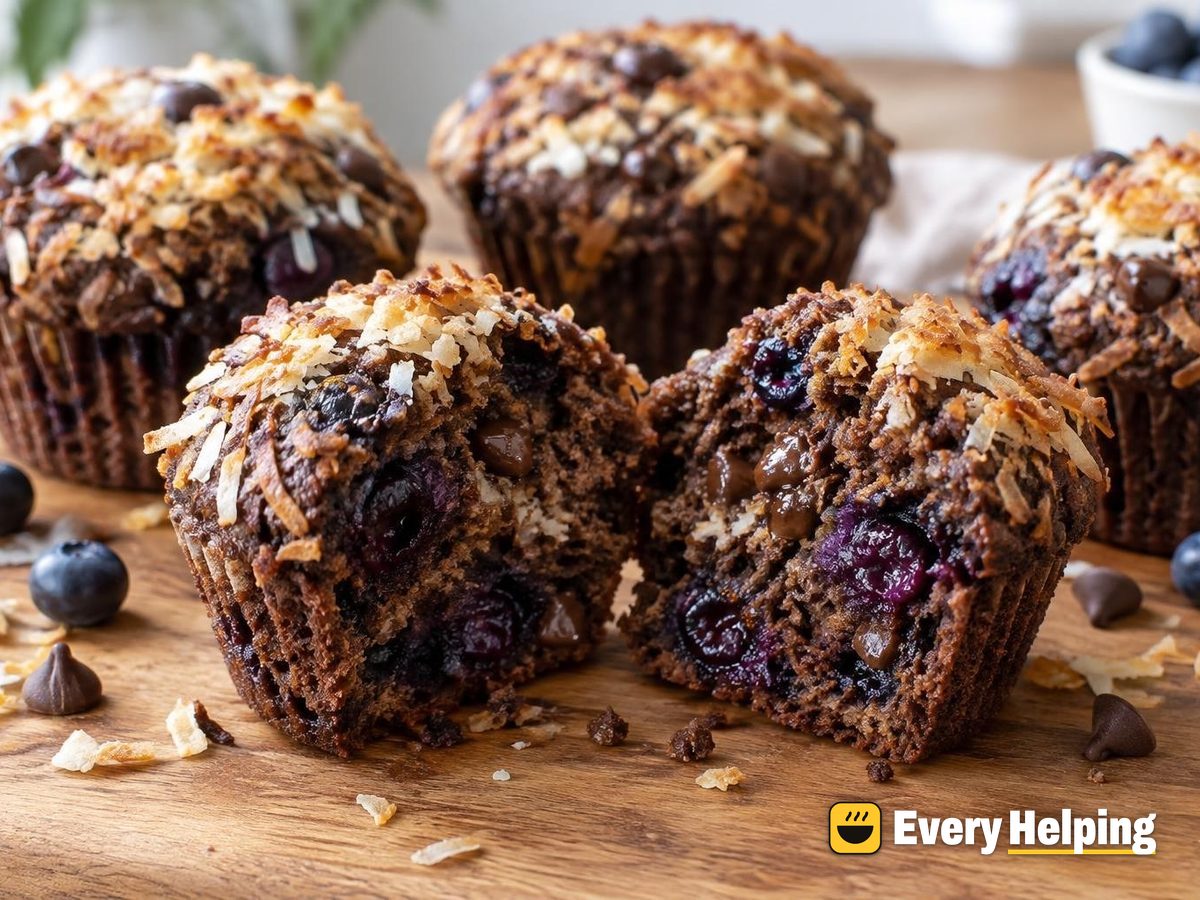 Chocolate Blueberry Muffins with Coconut Tops