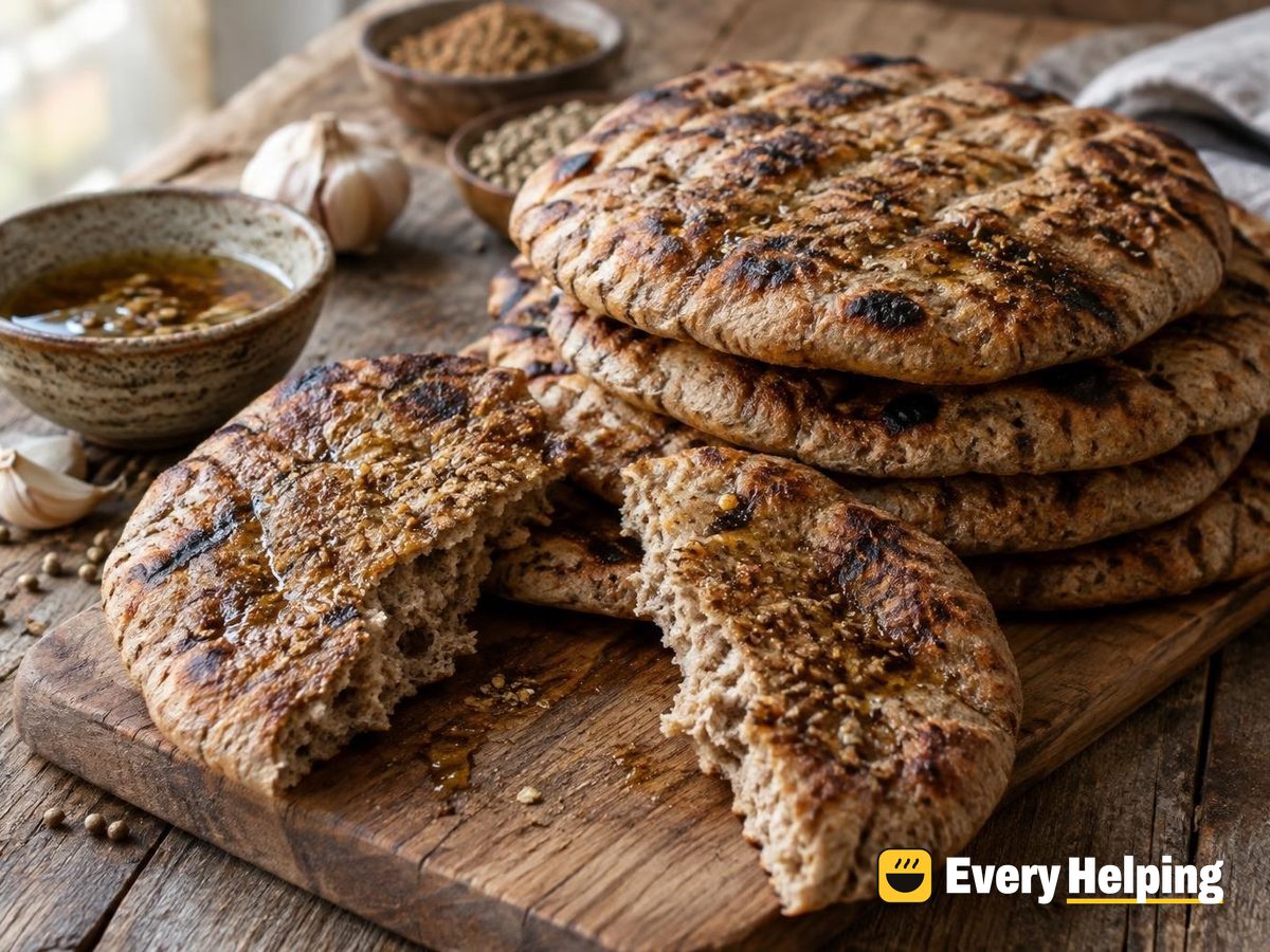 Grill-Charred Rye Garlic Pita with Cumin Oil
