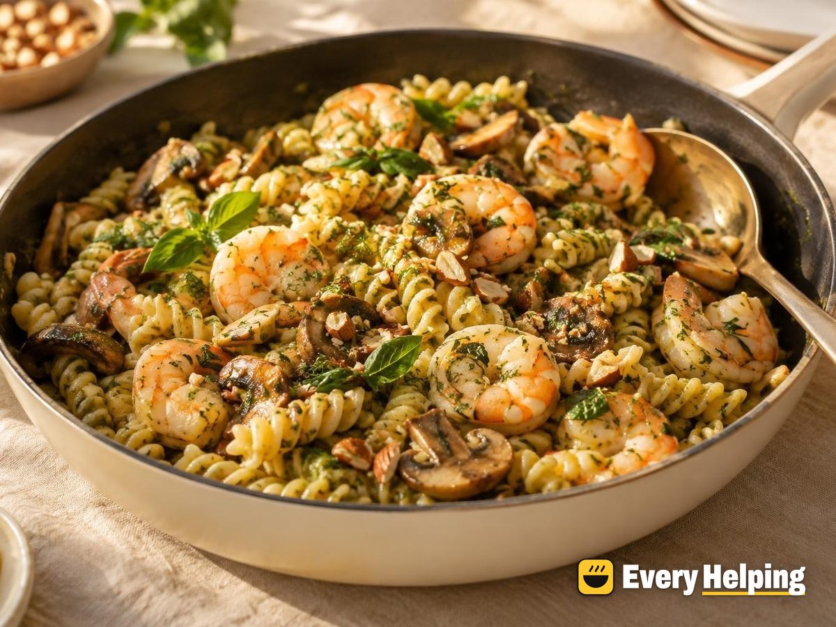 Garlicky Shrimp and Mushroom Fusilli with Basil-Dill Sauce