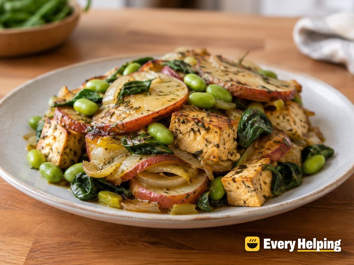 Herbed Potato, Tofu and Edamame Bake