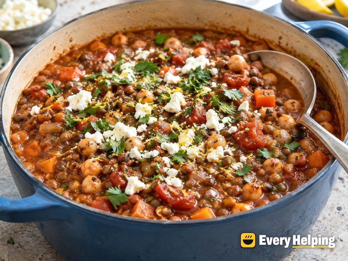 Mediterranean Lentil and Chickpea Chili with Feta
