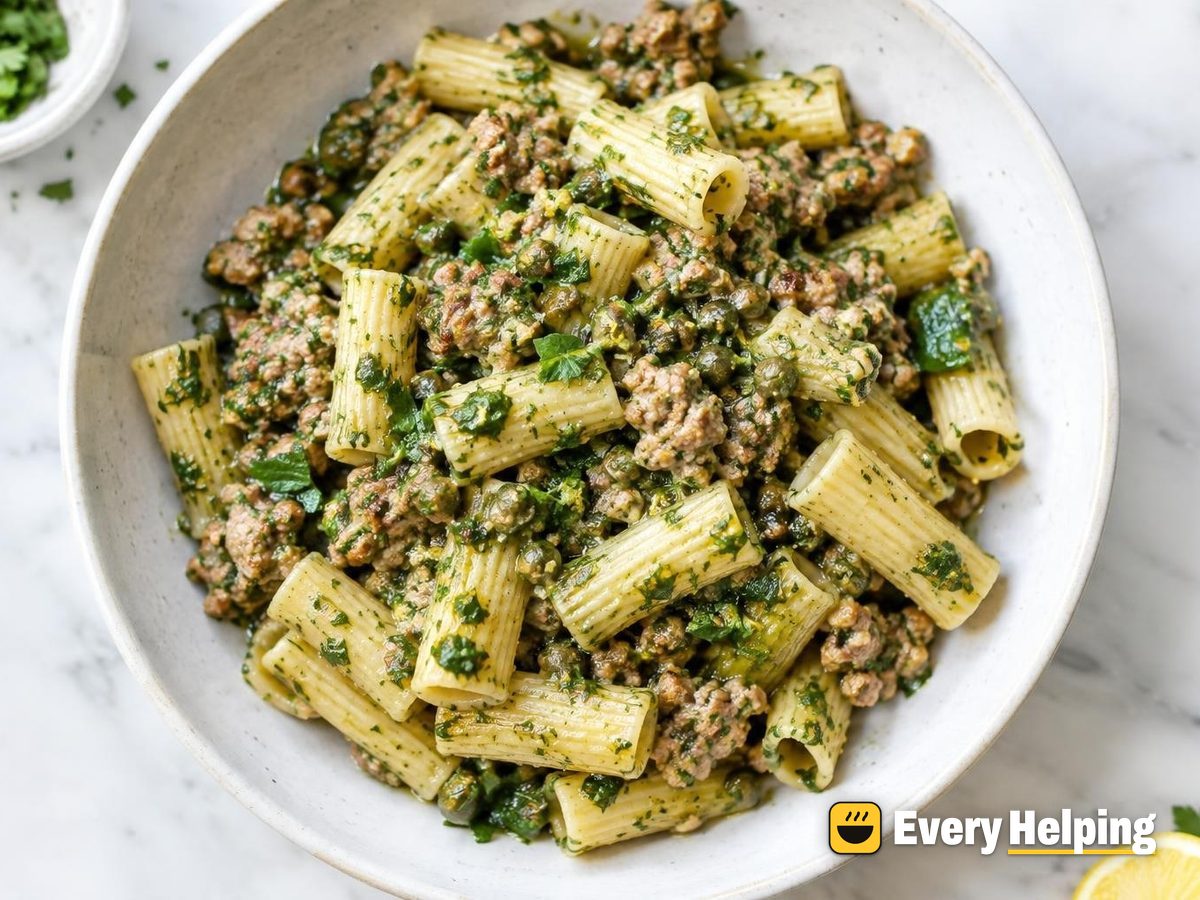 Fennel-Sage Pork Sausage Rigatoni with Salsa Verde
