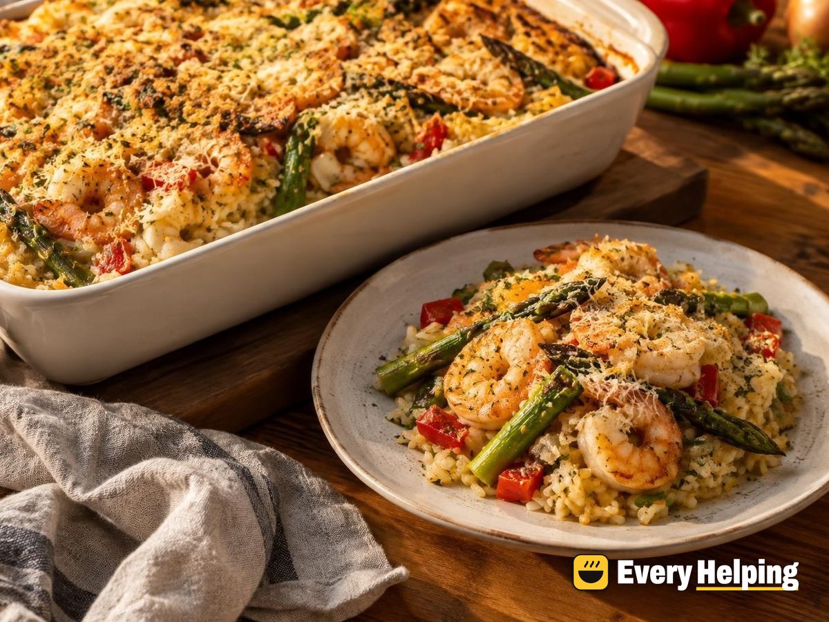 Lemon-Garlic Shrimp and Asparagus Rice Bake