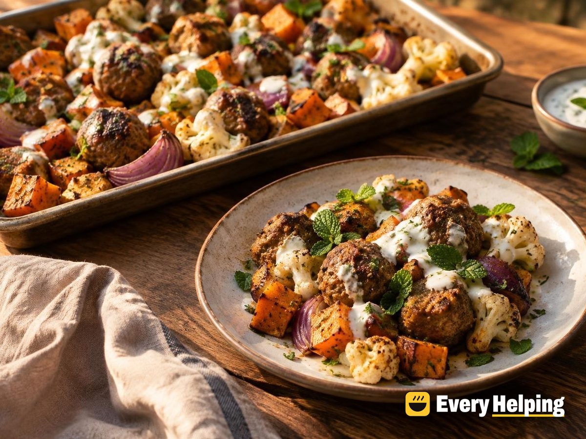 Cumin-Coriander Pork Meatballs with Roasted Sweet Potatoes