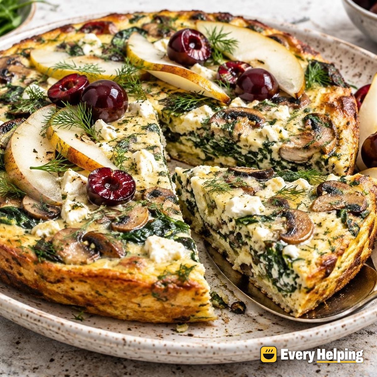 Feta-Dill Mushroom Spinach Frittata with Pears