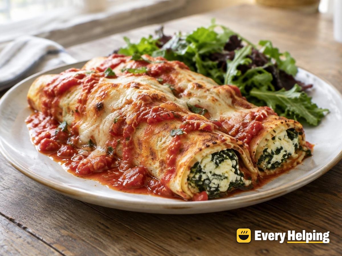 Baked Spinach Ricotta Crêpe Rolls with Marinara