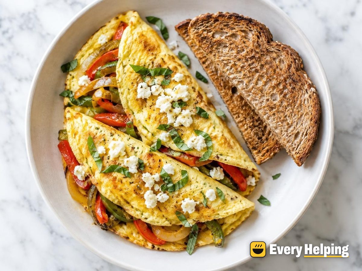 Folded Pepper-Onion Omelets with Feta Toast