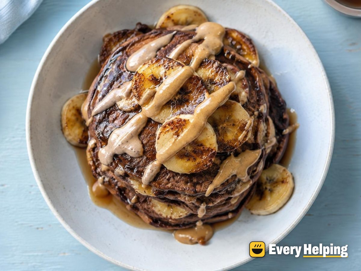 Chocolate Banana Pancakes with Peanut Butter Drizzle