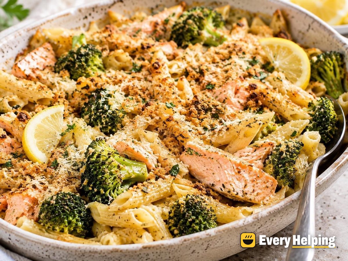 Baked Garlic Salmon Penne with Broccoli