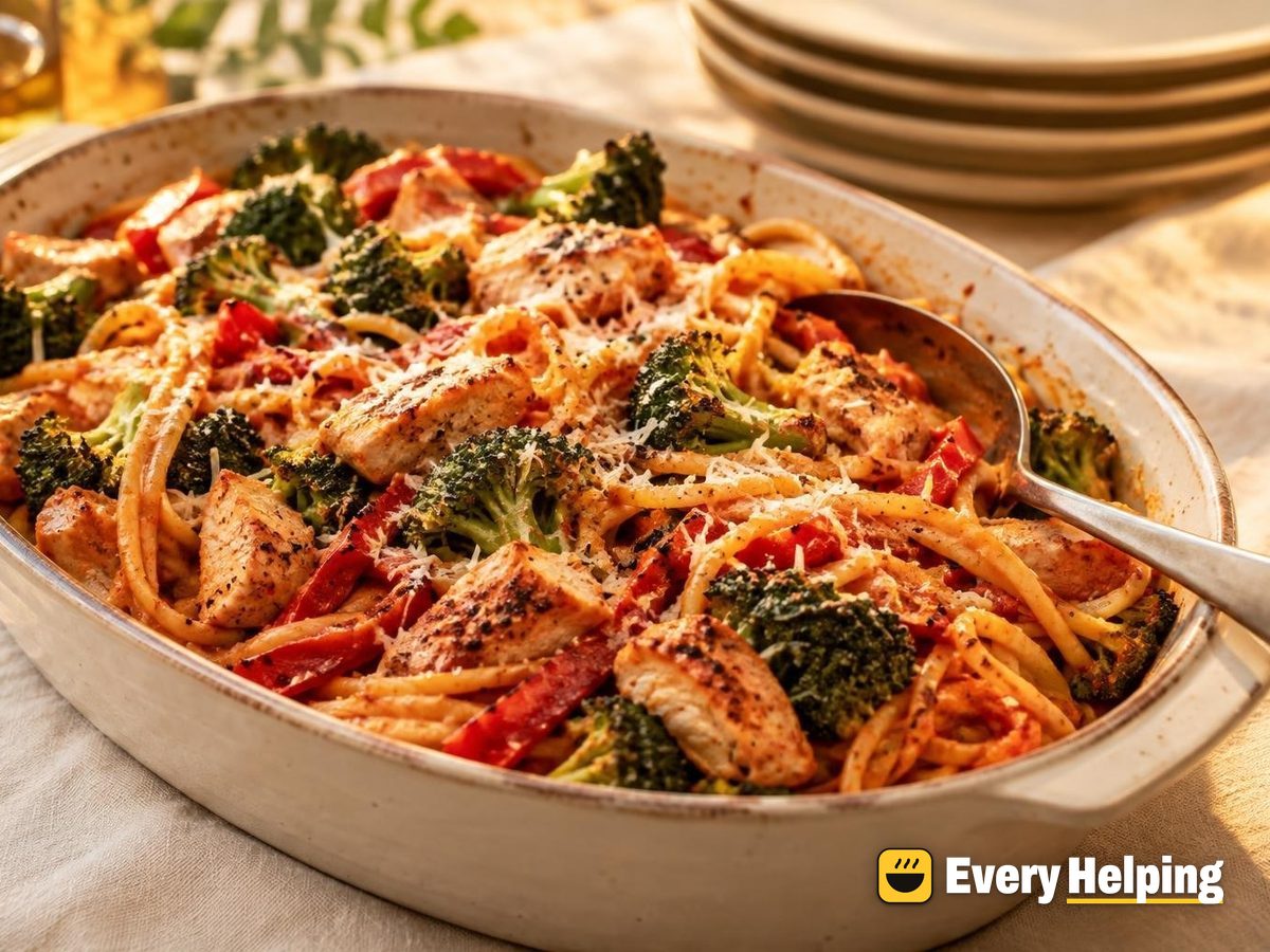 Roasted Red Pepper Linguine with Turkey and Broccoli