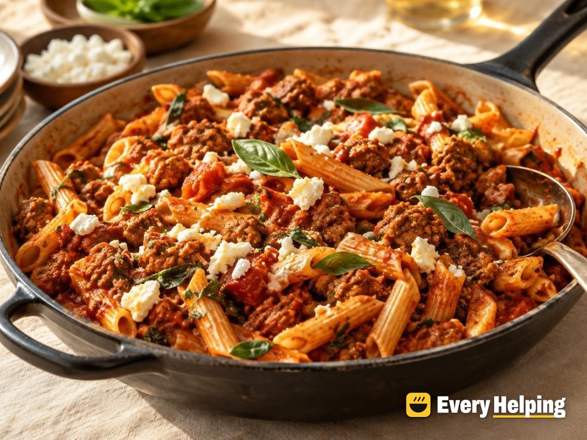 Chorizo-Spiced Pork Penne in Tomato-Basil Sauce