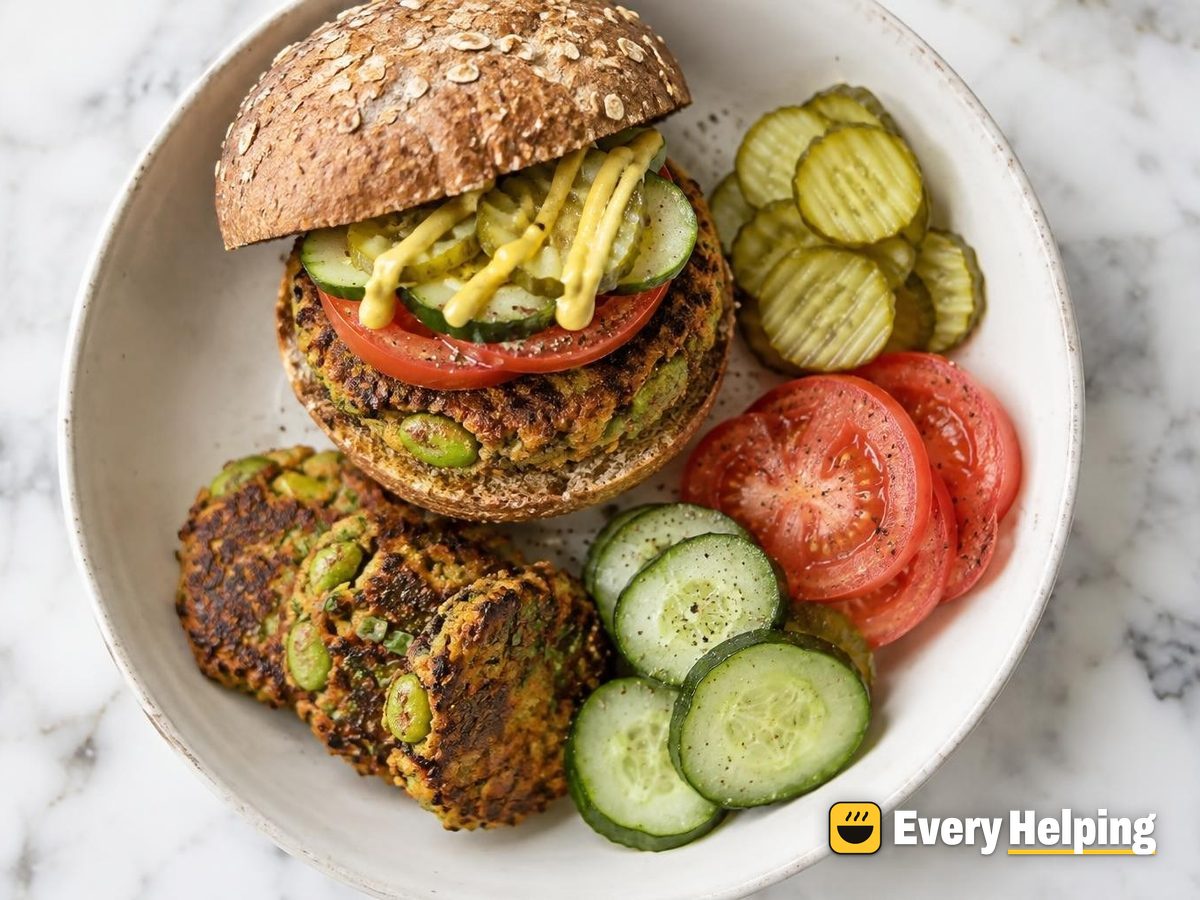 Crispy Tofu-Edamame Burgers with Quick Dill Pickles