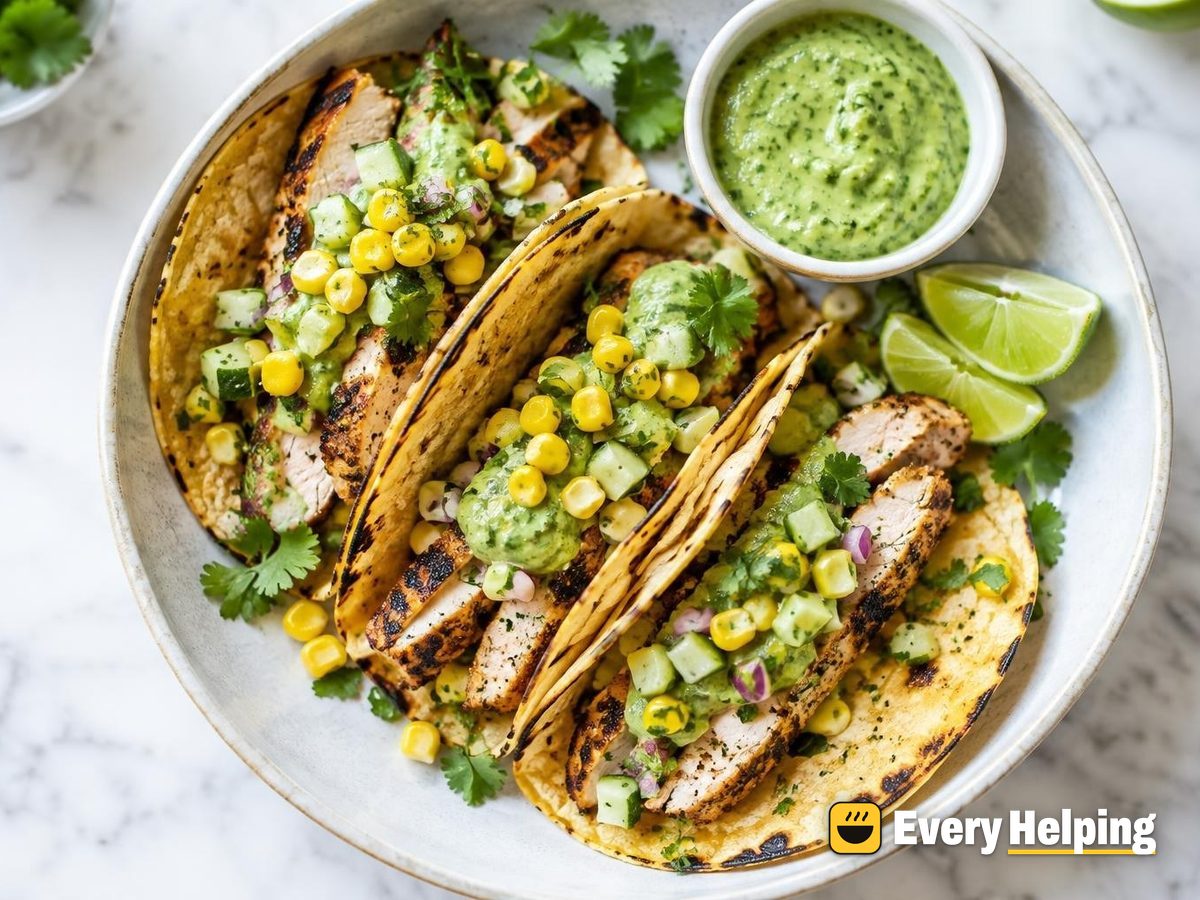 Grilled Cumin Turkey Breast Tacos, Avocado Salsa Verde