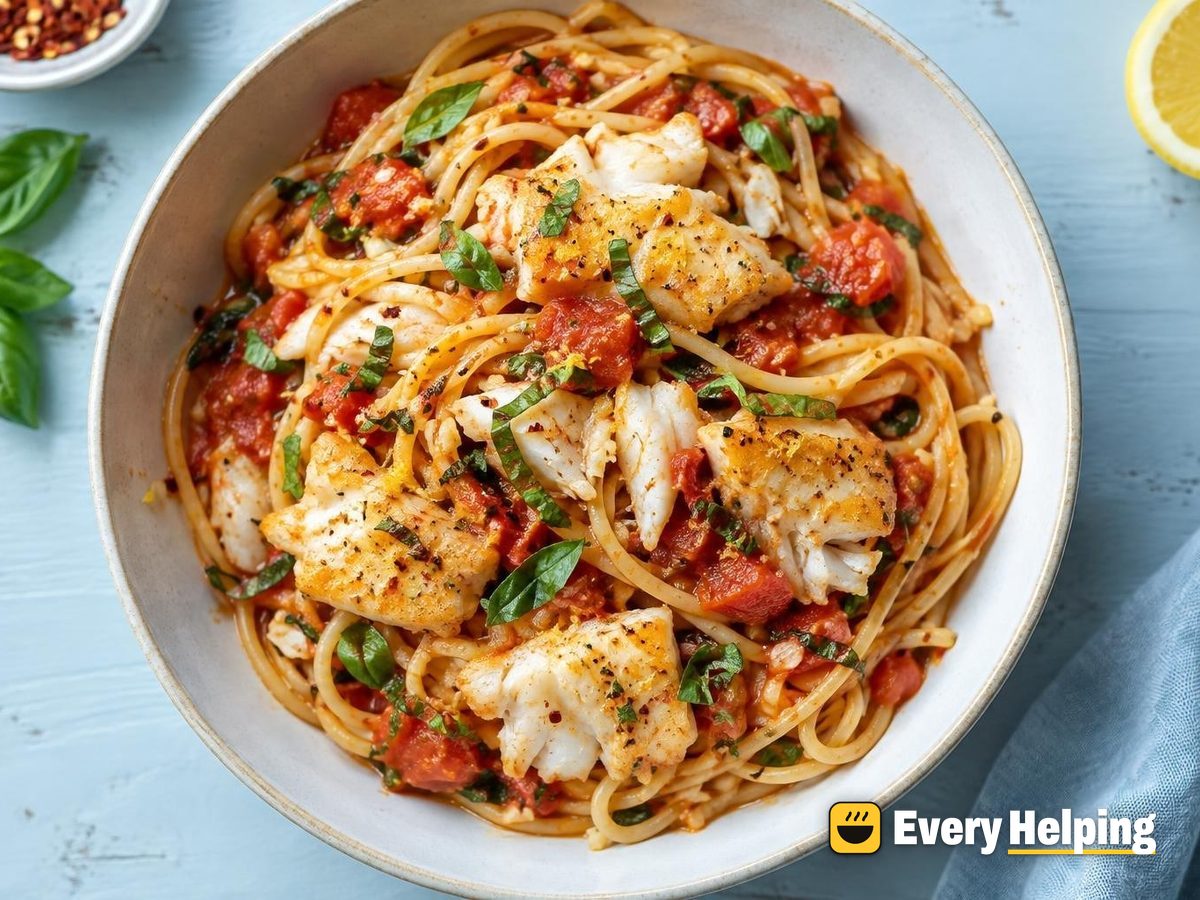 Seared Cod Spaghetti in Tomato Basil Sauce