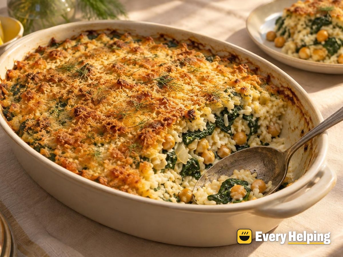 Lemon-Dill Chickpea and Spinach Rice Bake