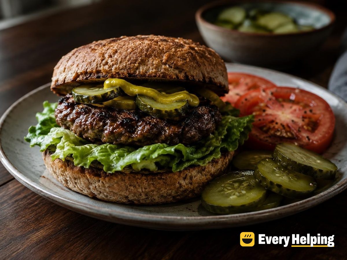 Grilled Beef Burgers with Mustard and Pickles