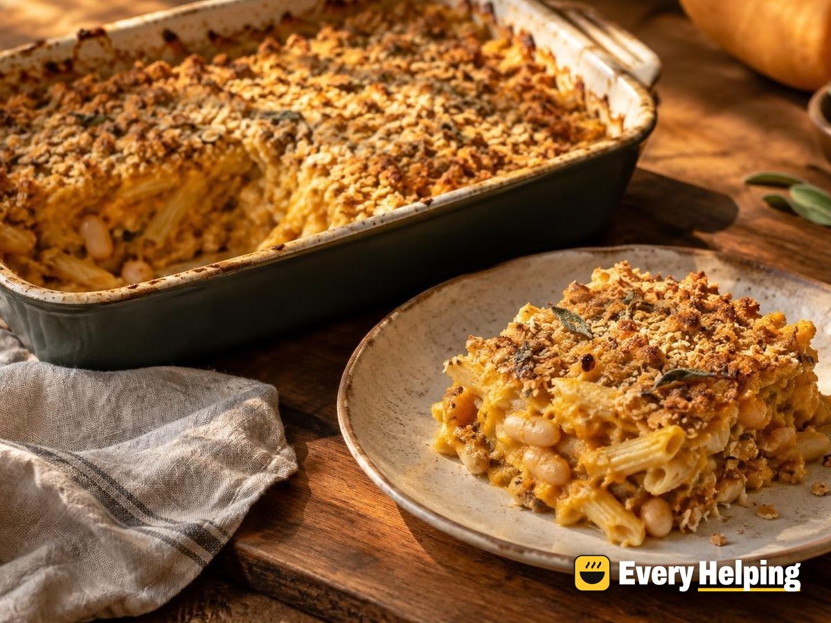 Butternut White Bean Pasta Bake with Oat Crumb