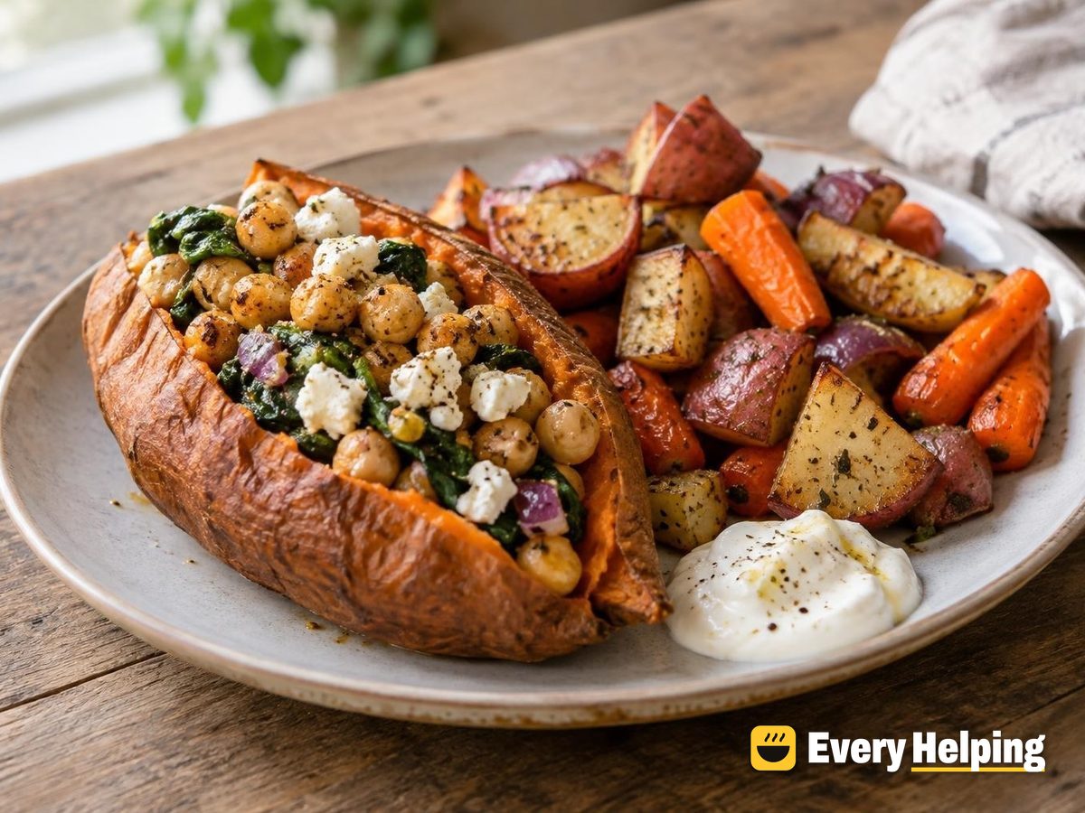 Lemon Pepper Stuffed Sweet Potatoes with Roasted Roots